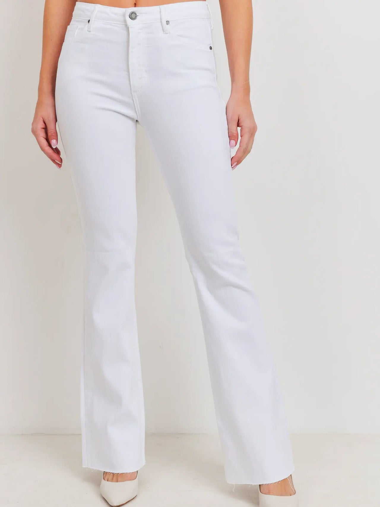Dolly High Rise White Scissor Cut Flare Jeans, Bottoms by Just Black | LIT Boutique