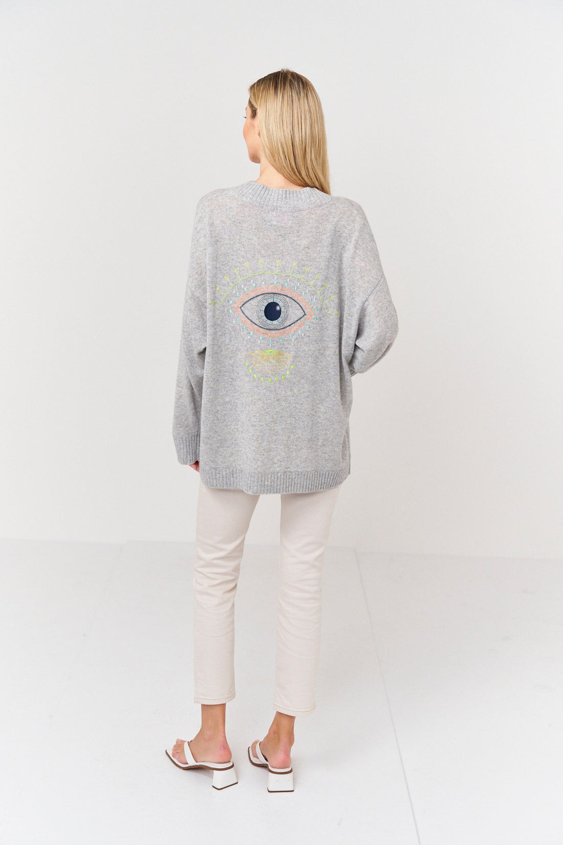 Embroidered Eye Cardigan Super Grey, Sweater by Brodie Cashmere | LIT Boutique