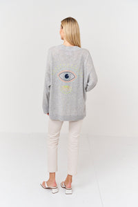 Thumbnail for Embroidered Eye Cardigan Super Grey, Sweater by Brodie Cashmere | LIT Boutique