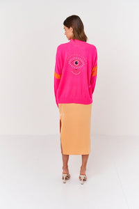 Thumbnail for Embroidered Eye Sweater Super Neon Pink, Sweater by Brodie Cashmere | LIT Boutique