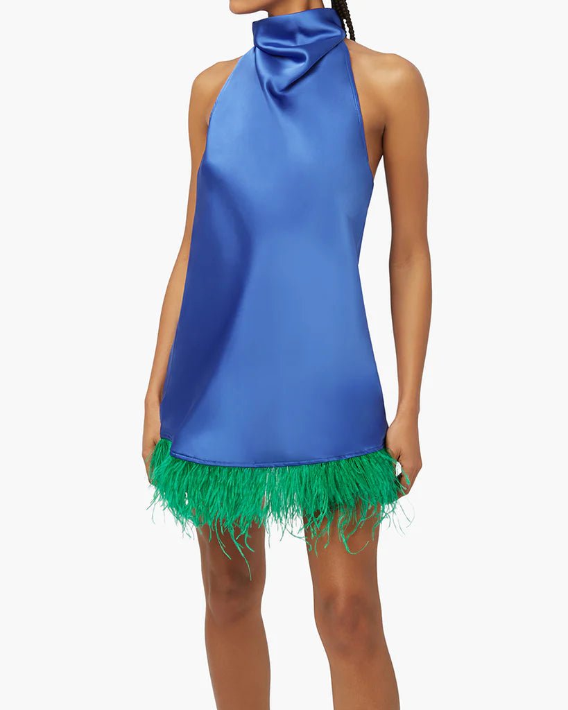 Feather Halter Mini Dress Sapphire, Dress by We Wore What | LIT Boutique