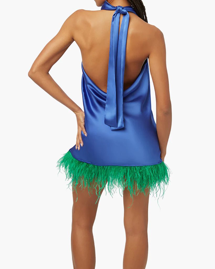 Feather Halter Mini Dress Sapphire, Dress by We Wore What | LIT Boutique