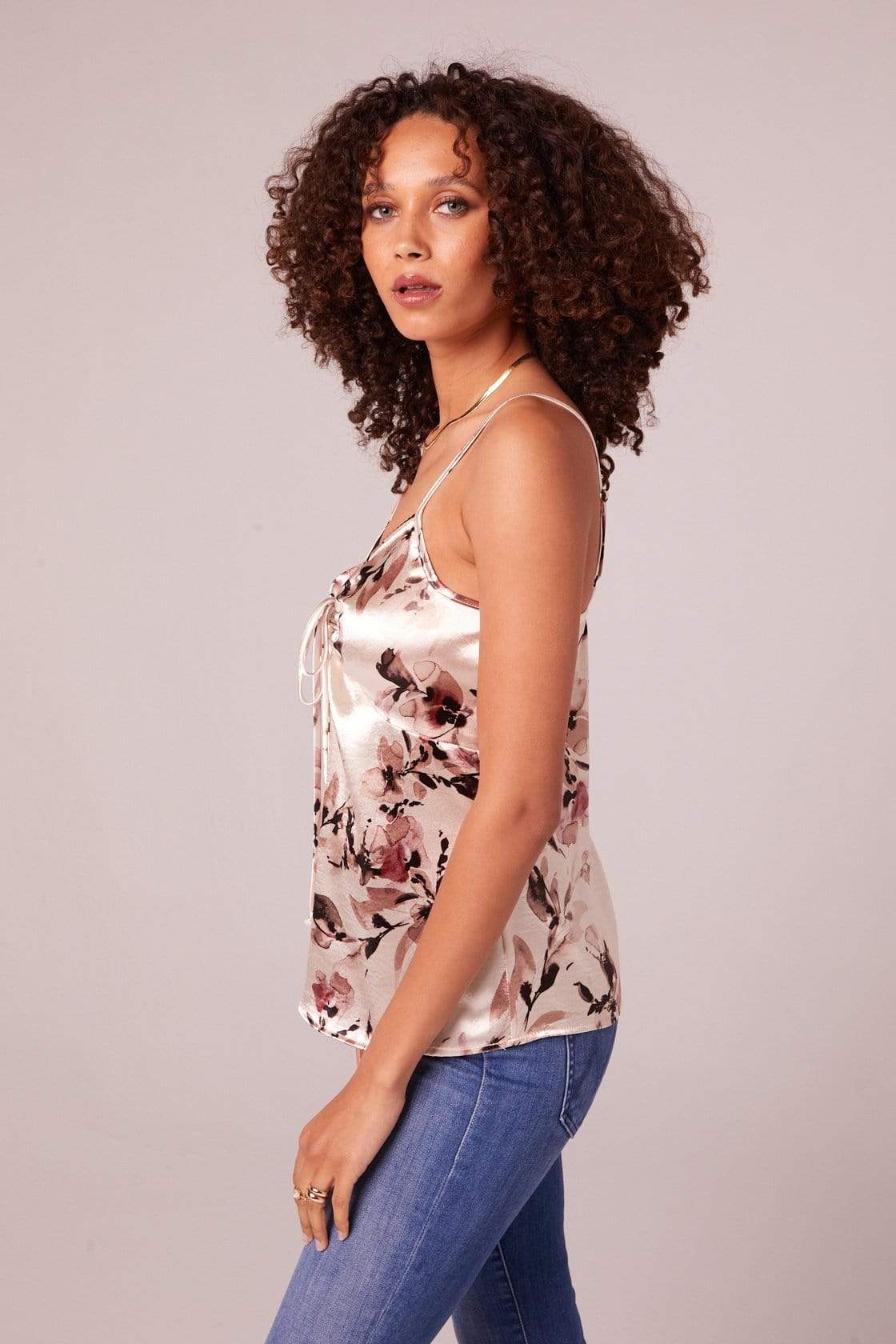 Gaia Satin Floral Tank Top Cream/Black, Tops Blouses by Band of Gypsies | LIT Boutique