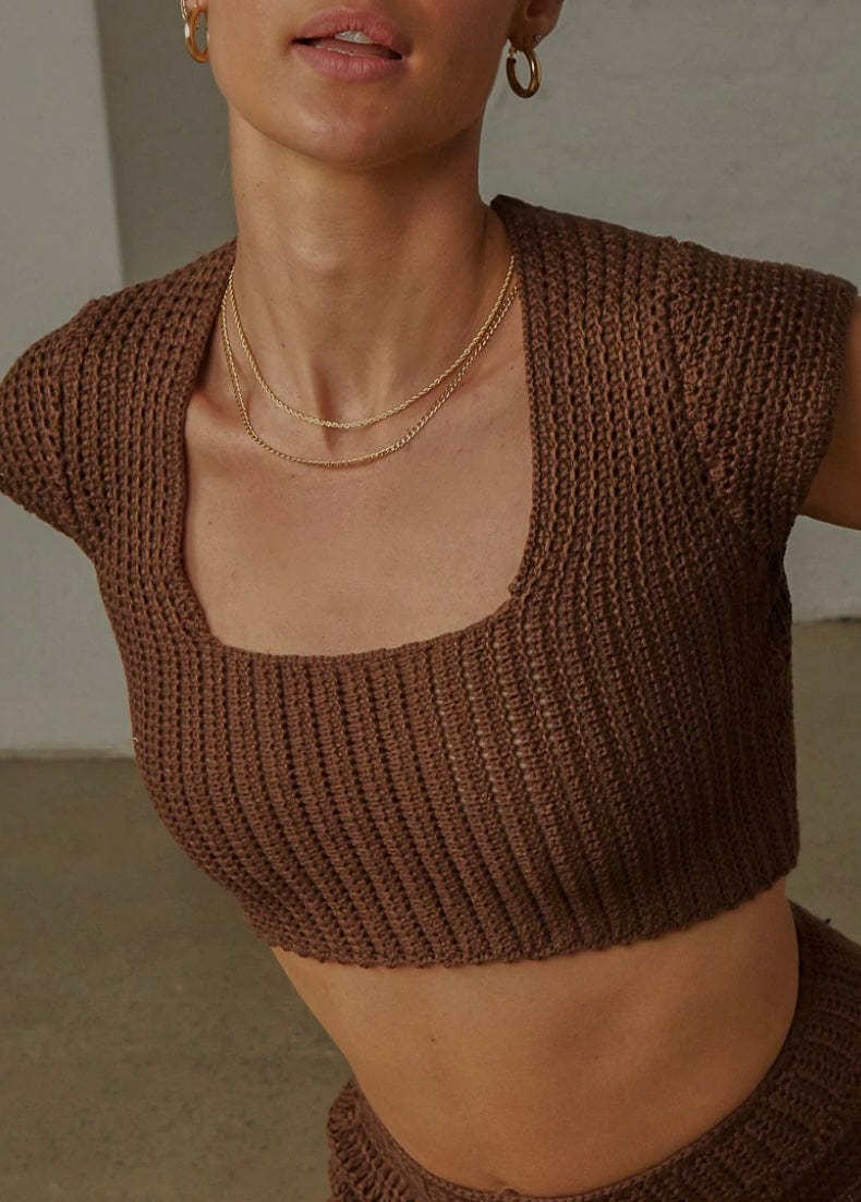 Love Like This Crochet Crop Top Chocolate Brown, Tops Blouses by PepperMayo | LIT Boutique