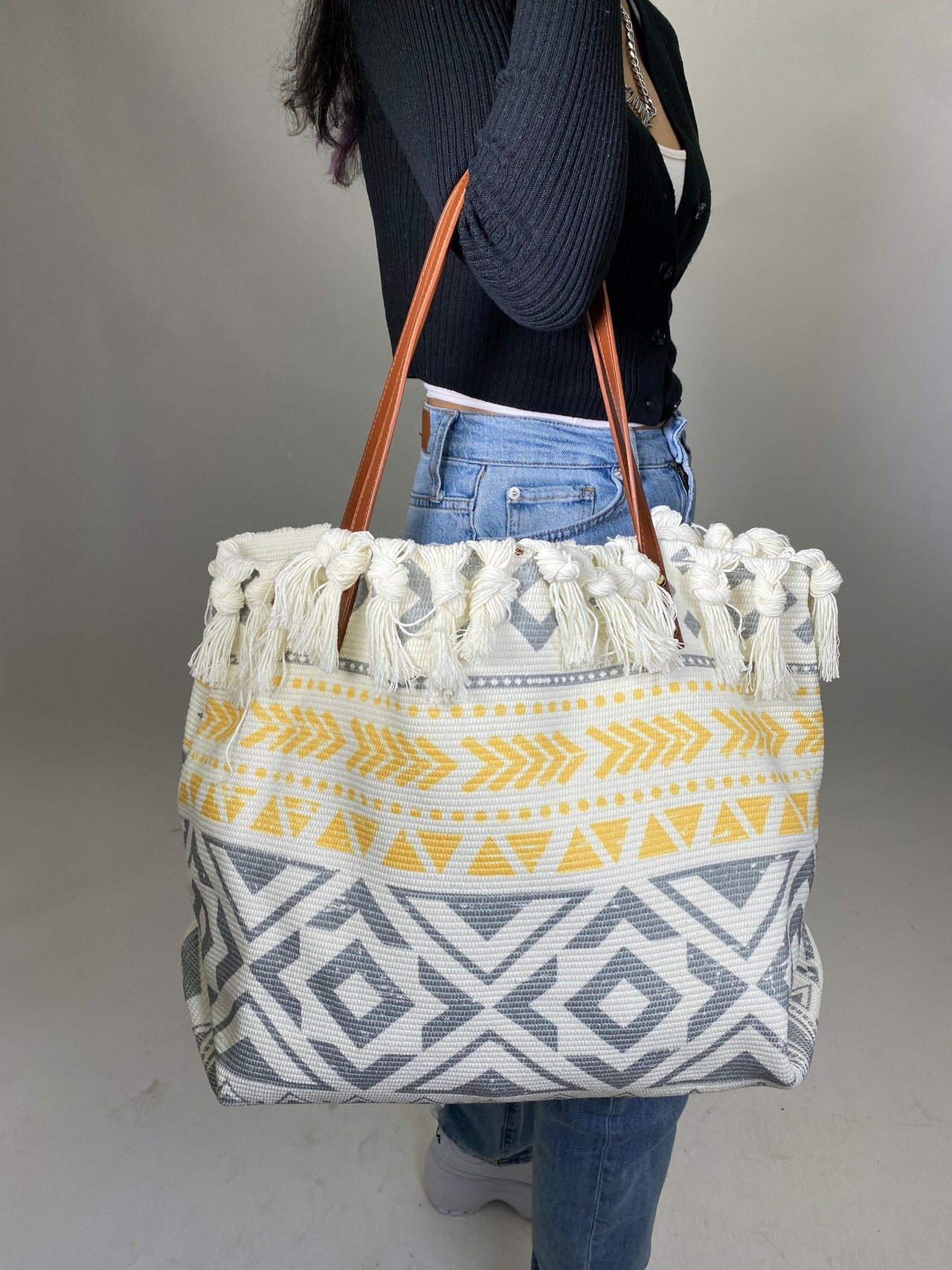 Lupita Tribal Fringe Tote Grey, Bag by Urban Expressions | LIT Boutique