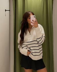 Thumbnail for Mabel Stripe Quarter Zip Sweater Pearl, Sweater by RD Style | LIT Boutique