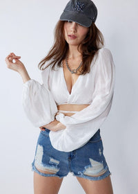 Thumbnail for Mira Balloon Sleeve Wrap Blouse Off White, Tops Blouses by ReFine | LIT Boutique