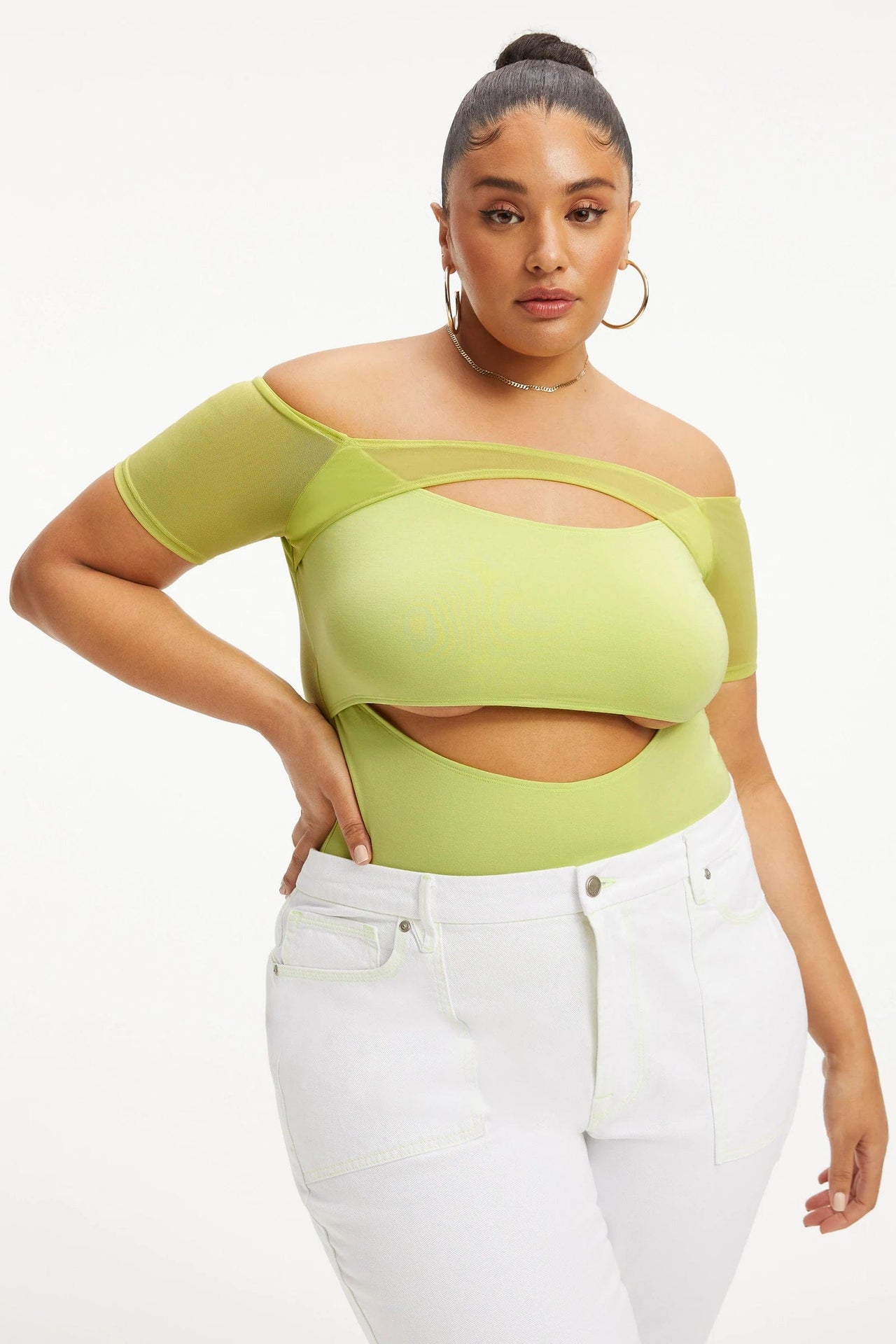 Off The Shoulder Cut Out Bodysuit Key Lime, Tops Blouses by Good American | LIT Boutique