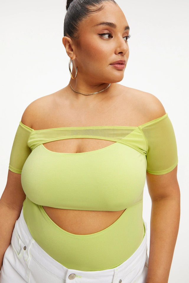 Good American off the shoulder cutout bodysuit fashion in key lime