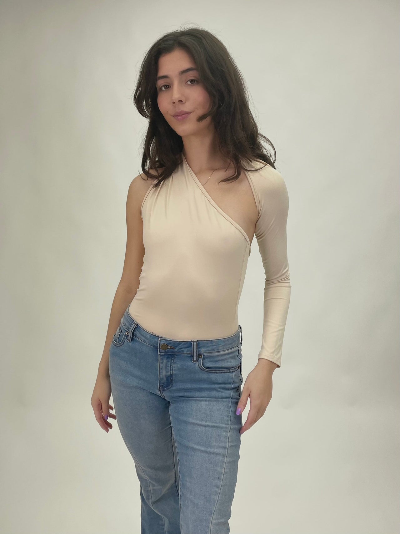 Orion One Sleeve Bodysuit Taupe, Tops Blouses by ReFine | LIT Boutique