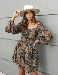 Thumbnail for Persian Paradise Mini Dress Black/Brown, Dress by Mink Pink | LIT Boutique