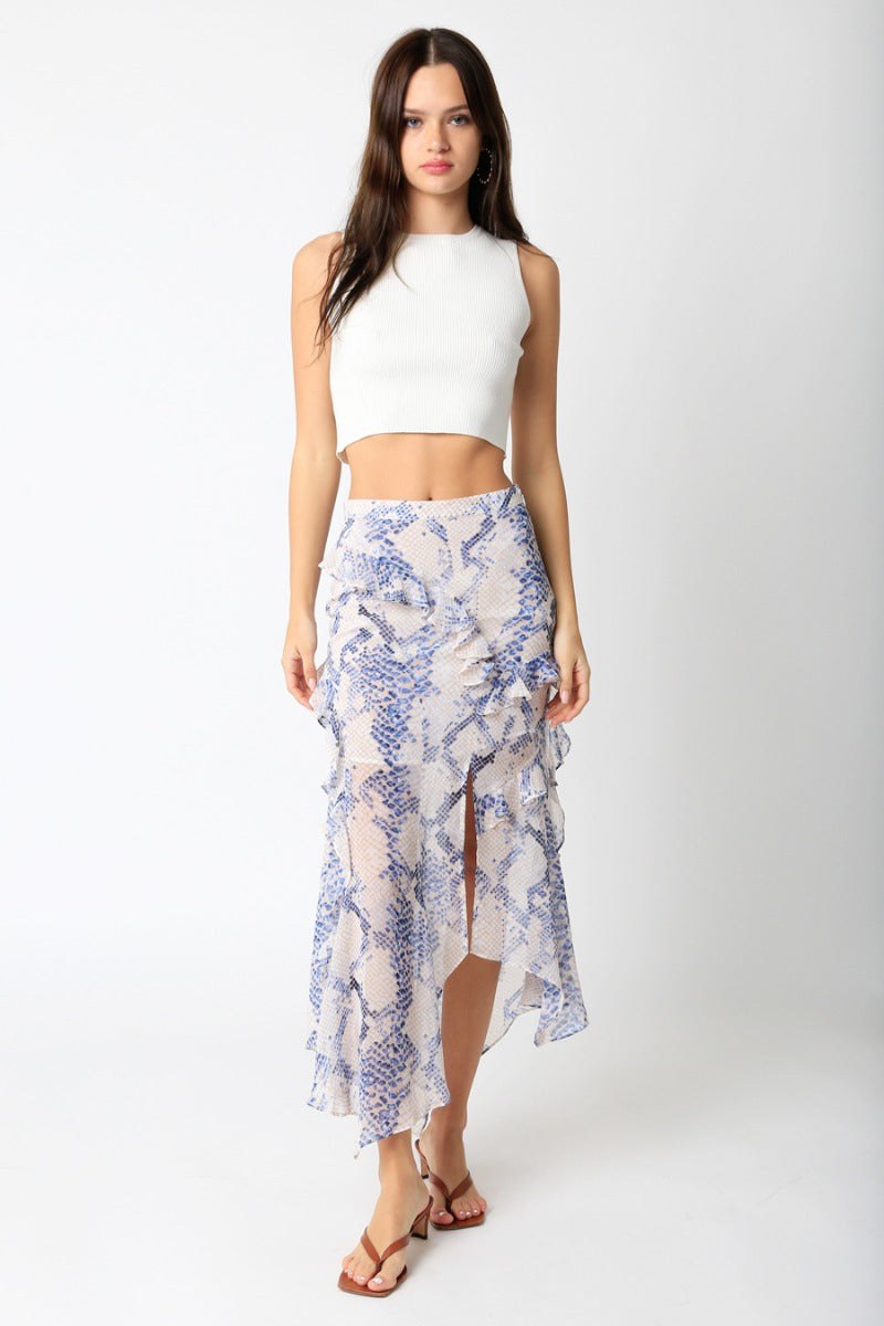 Reese Snake Ruffle Midi Skirt Blush, Skirt by Olivaceous | LIT Boutique