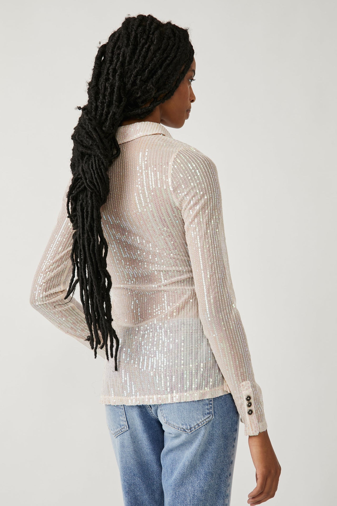 White Crochet Knitted Sequin Long Sleeve Top
