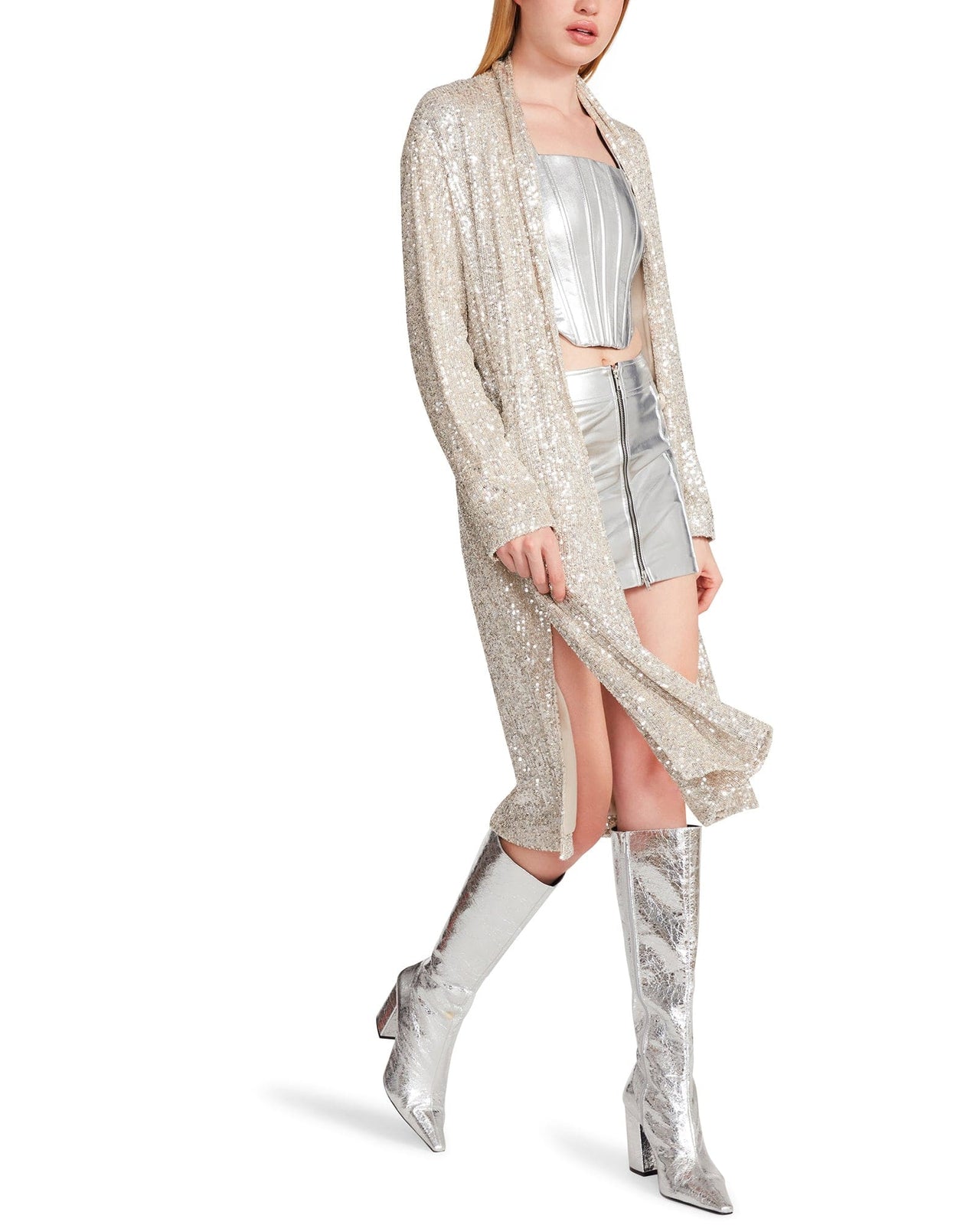 Show Stopper Sequin Duster Silver, Sweater by Steve Madden | LIT Boutique