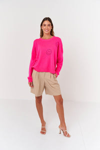 Thumbnail for Smiley Stitch Crewneck Sweater Pink/Black, Sweater by Brodie Cashmere | LIT Boutique