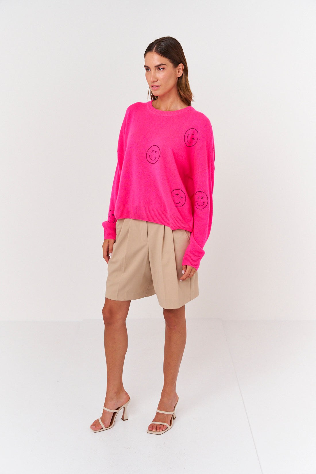 Smiley Stitch Crewneck Sweater Pink/Black, Sweater by Brodie Cashmere | LIT Boutique