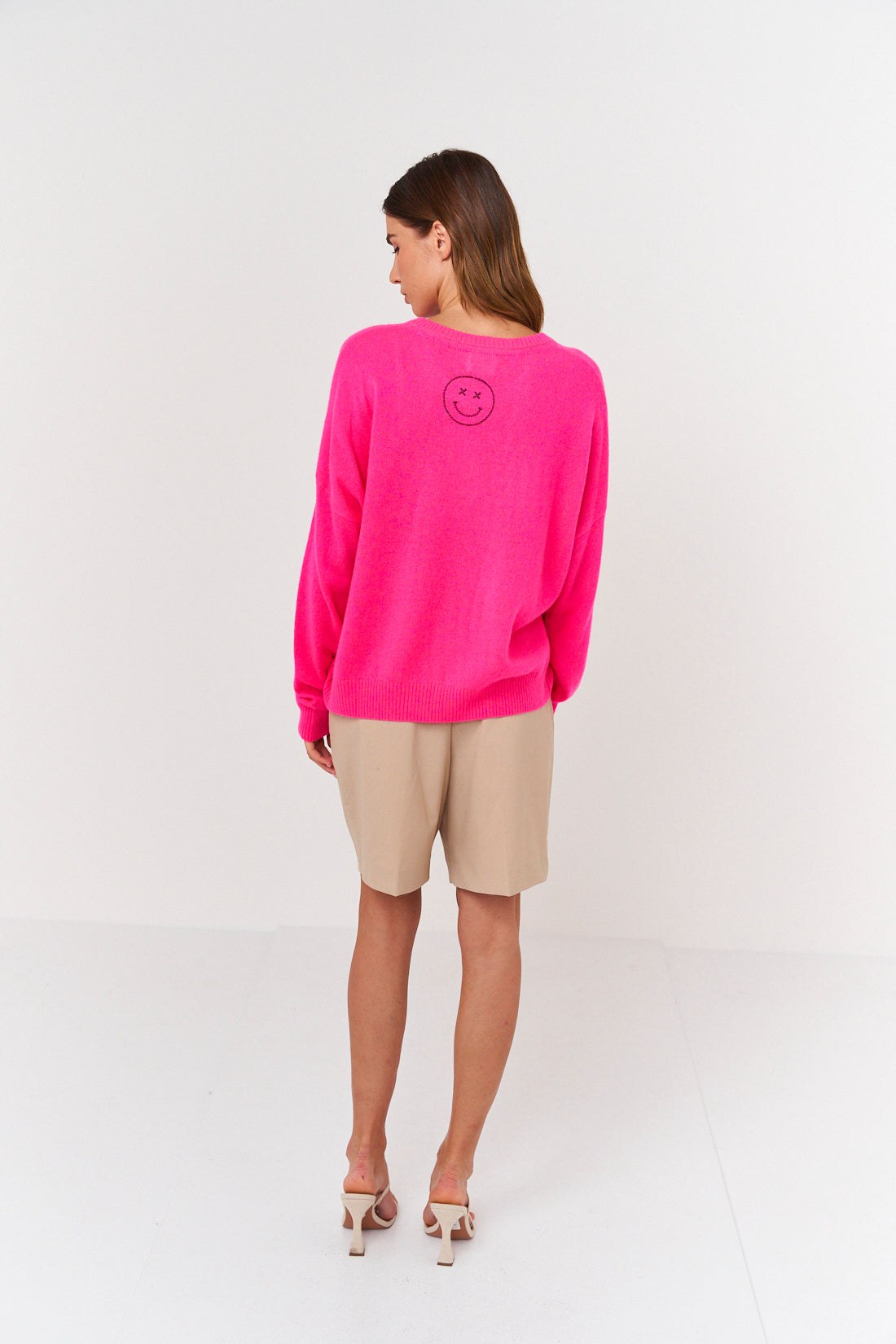 Smiley Stitch Crewneck Sweater Pink/Black, Sweater by Brodie Cashmere | LIT Boutique