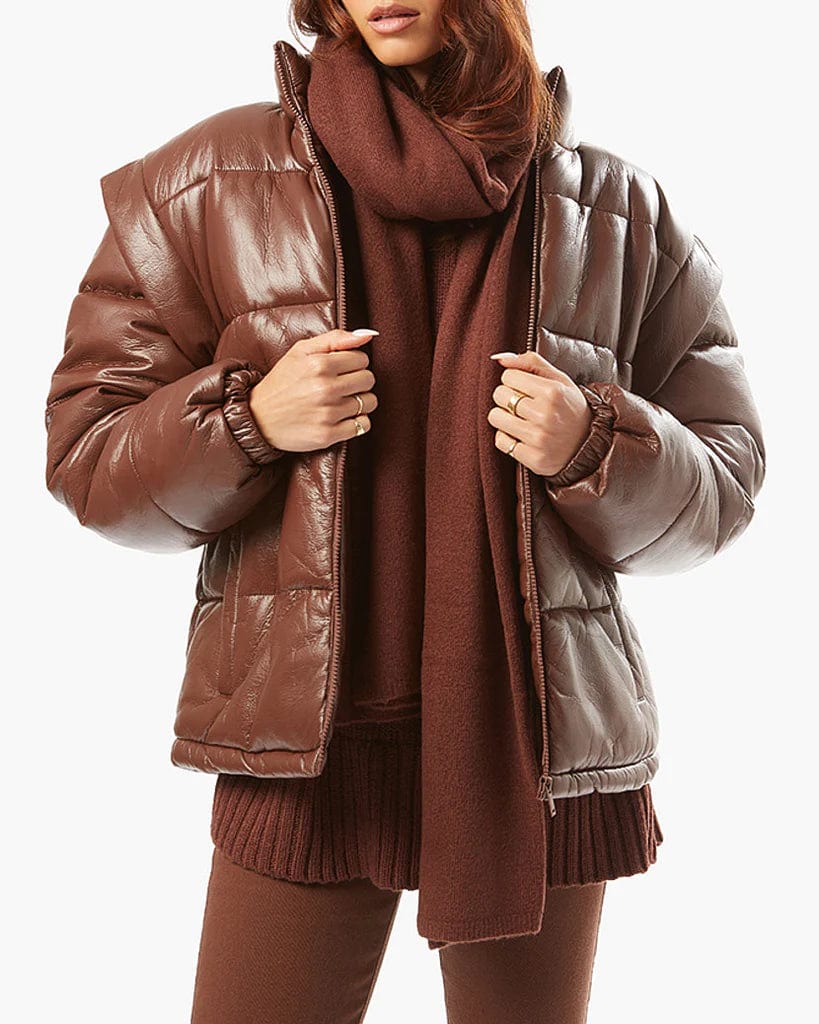 Snap Off Sleeve Matte Faux Leather Puffer Jacket Cacao, Jacket by We Wore What | LIT Boutique