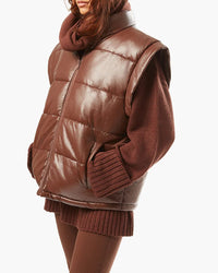 Thumbnail for Snap Off Sleeve Matte Faux Leather Puffer Jacket Cacao, Jacket by We Wore What | LIT Boutique
