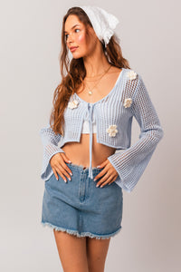 Thumbnail for Inez Crochet Applique Sweater Baby Blue, Cardigan Sweater by Le Lis | LIT Boutique