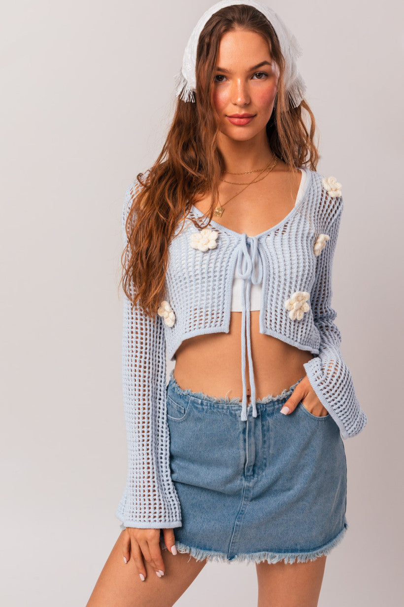 Inez Crochet Applique Sweater Baby Blue, Cardigan Sweater by Le Lis | LIT Boutique