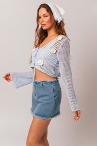 Thumbnail for Inez Crochet Applique Sweater Baby Blue, Cardigan Sweater by Le Lis | LIT Boutique