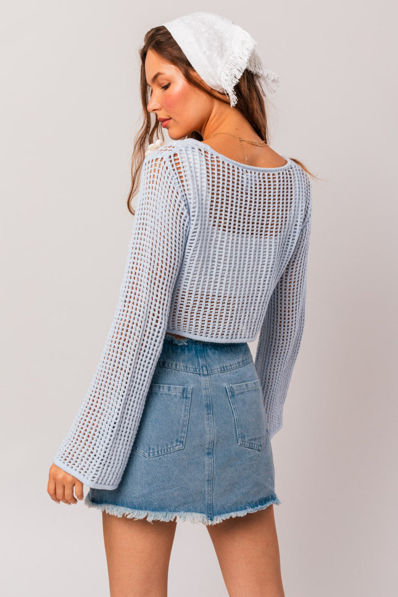 Inez Crochet Applique Sweater Baby Blue, Cardigan Sweater by Le Lis | LIT Boutique