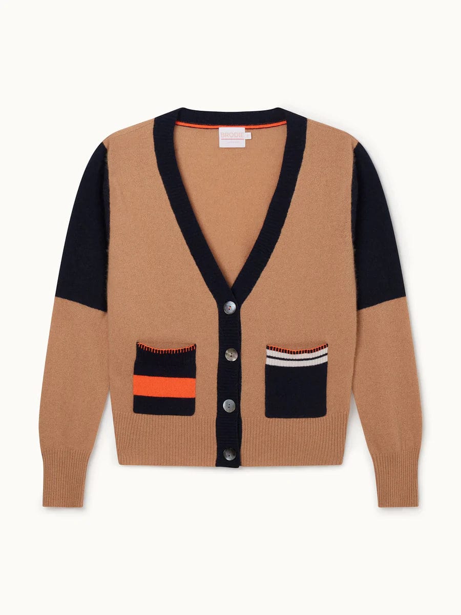Varsity Stripe Colorblock Cardigan Camel, Sweater by Brodie Cashmere | LIT Boutique