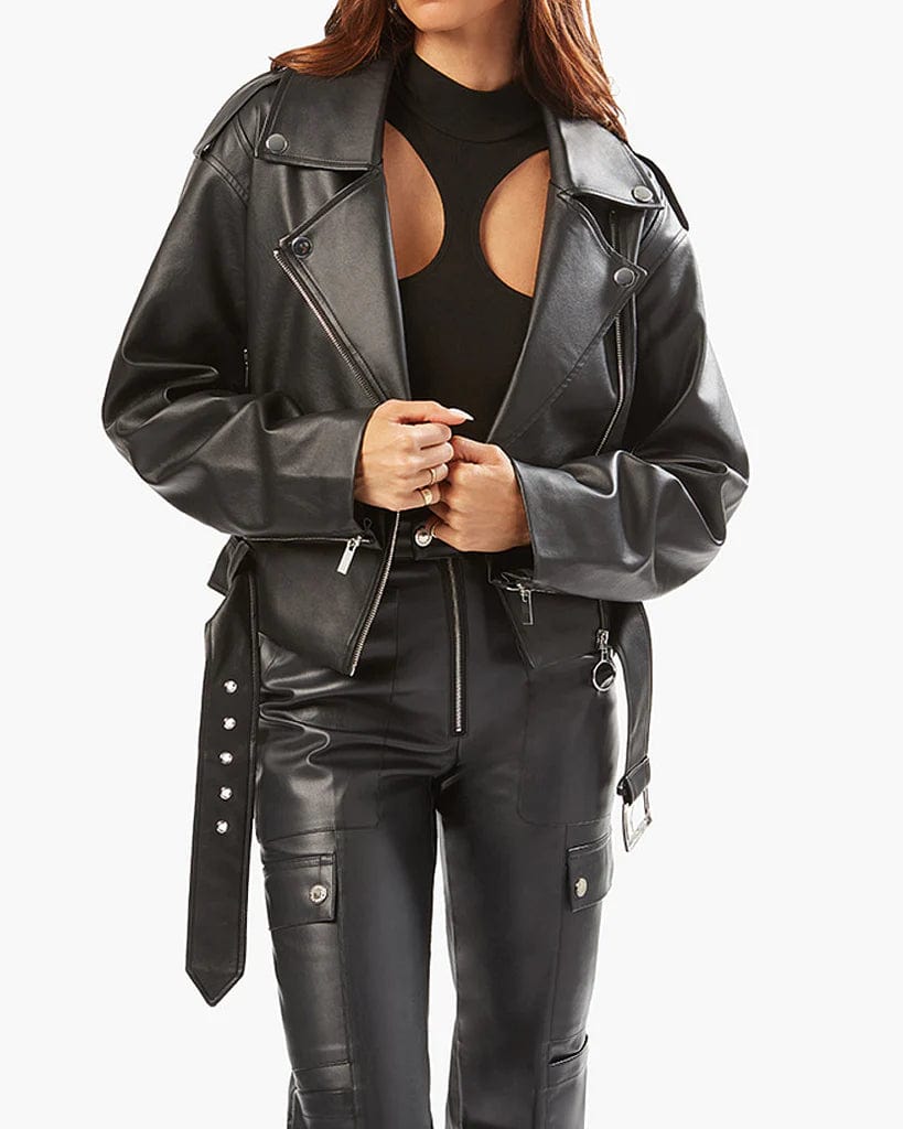 Vegan Leather Cropped Moto Jacket Black, Jacket by We Wore What | LIT Boutique