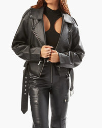 Thumbnail for Vegan Leather Cropped Moto Jacket Black, Jacket by We Wore What | LIT Boutique