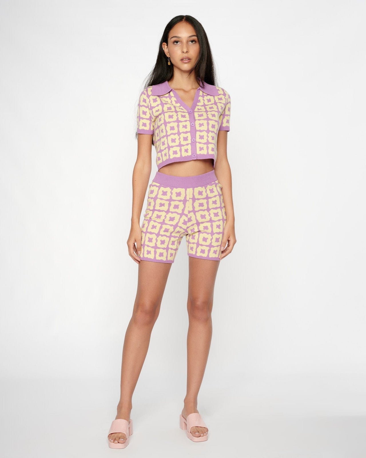 Wavy Check Knit Shorts Lemon/Lilac, Bottoms by Another Girl | LIT Boutique