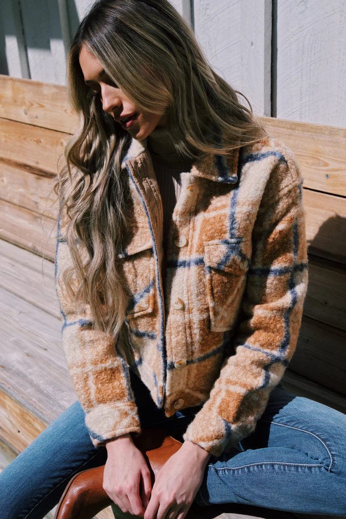 Zoe Boucle Plaid Cropped Jacket Blue/Camel, Jacket by RD Style | LIT Boutique