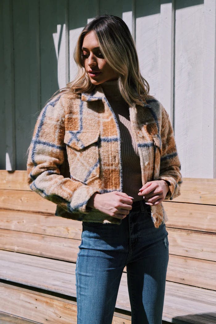 Zoe Boucle Plaid Cropped Jacket Blue/Camel, Jacket by RD Style | LIT Boutique