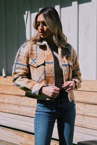 Thumbnail for Zoe Boucle Plaid Cropped Jacket Blue/Camel, Jacket by RD Style | LIT Boutique